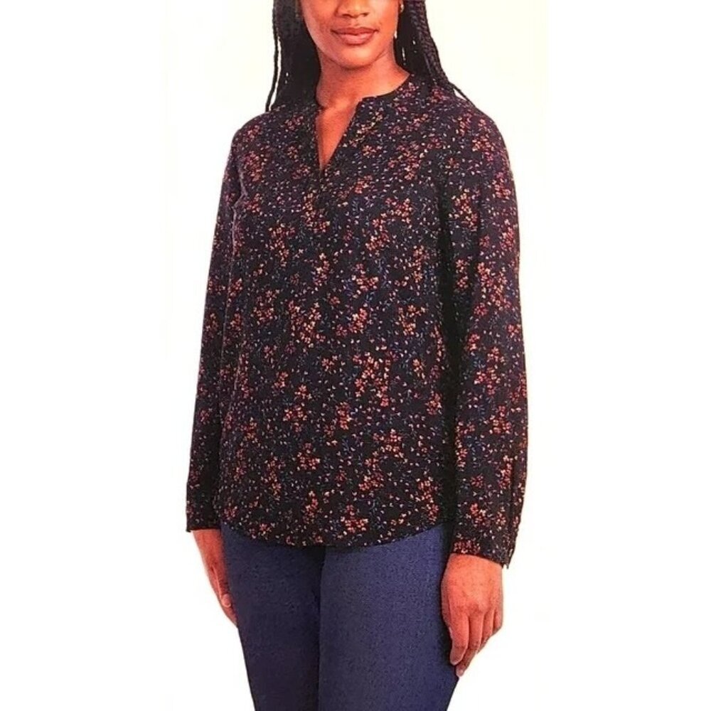 Hilary Radley Ladies' V Neck  Long Sleeve Blouse Black Blush Small